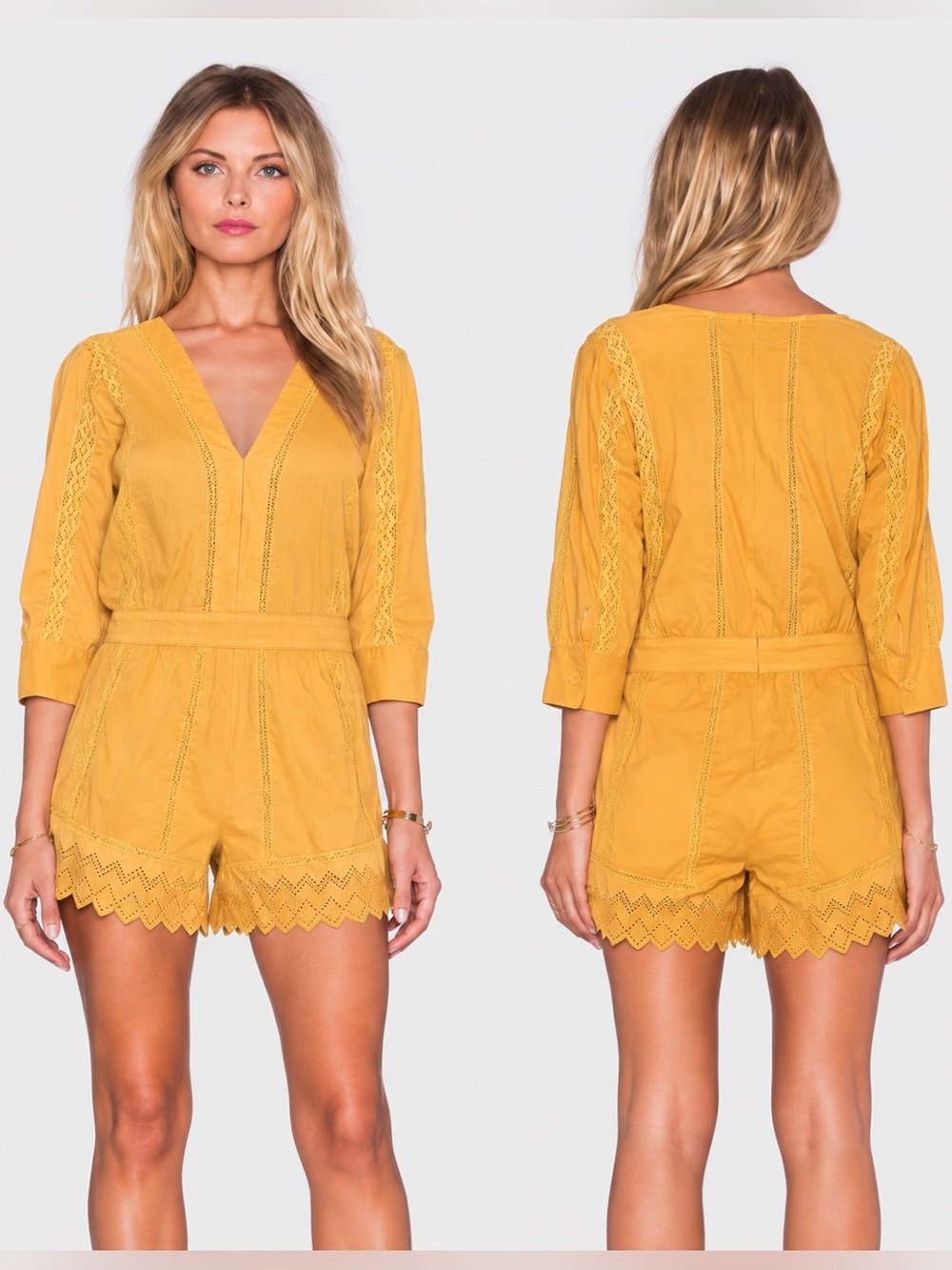 Tularosa Mustard Yellow Marigold Lace Eyelet Scallop Hem Romper Revolve Fall M